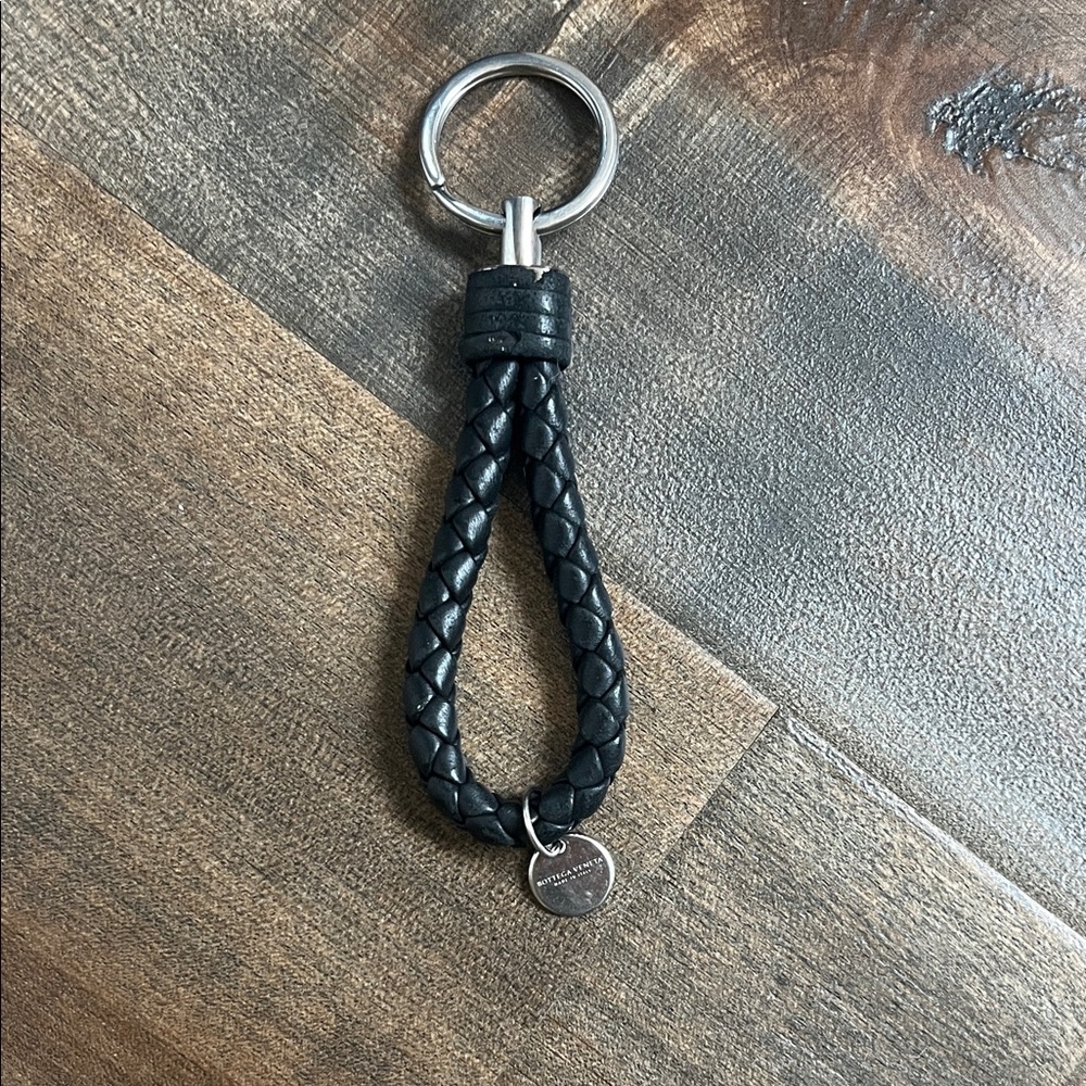 Bottega Veneta Black Braided Leather Keychain with Silver Ring